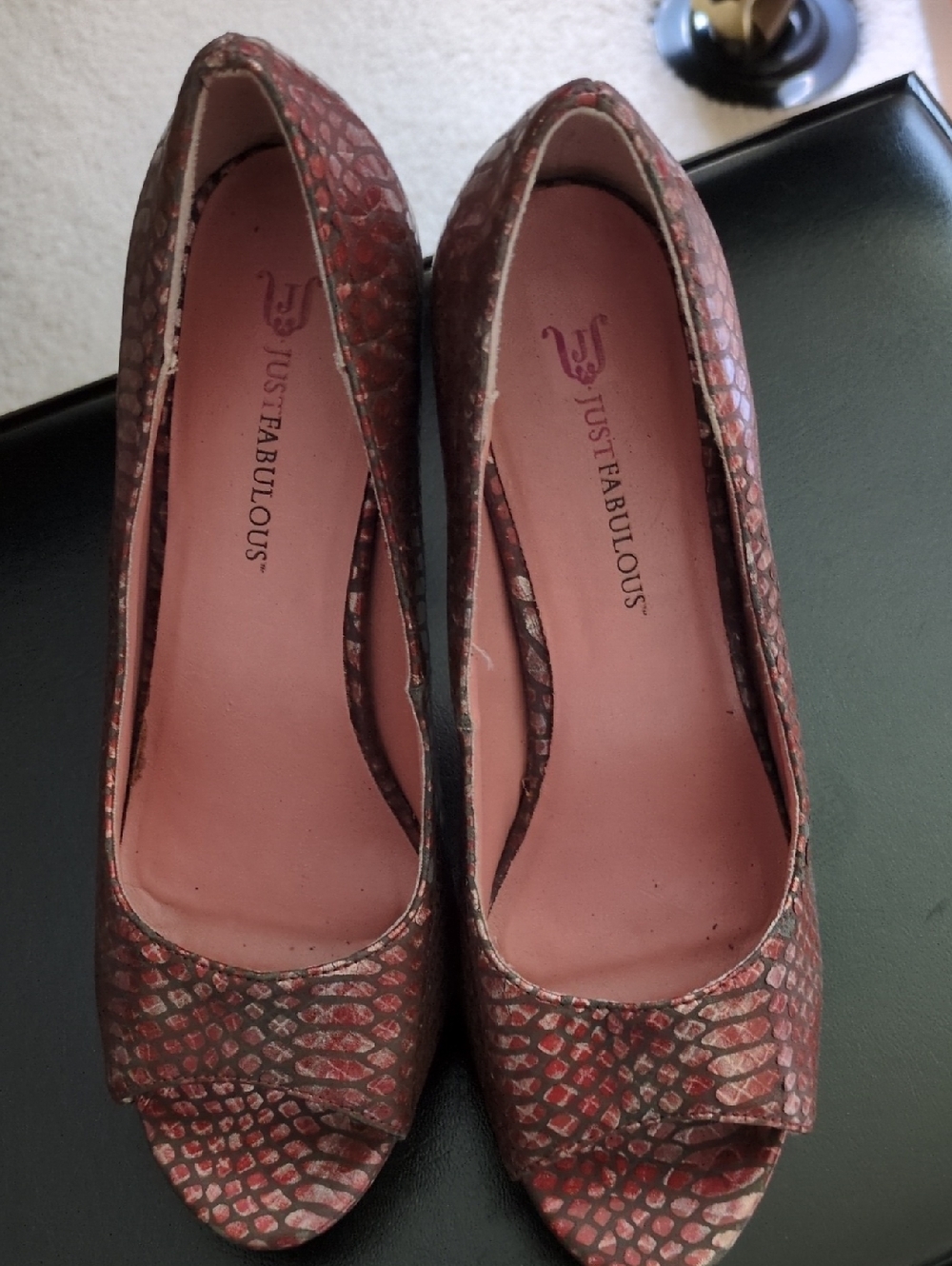 JustFab Red Snakeskin Peep-Toe Heels